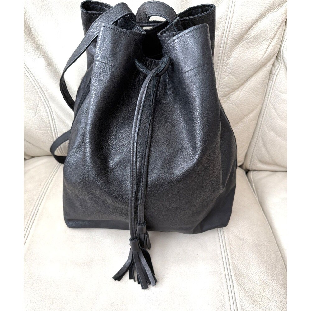 Leather Bucket Bag Handcrafted in USA Black The Podolls Drawstring Hobo Western - Picture 9 of 16